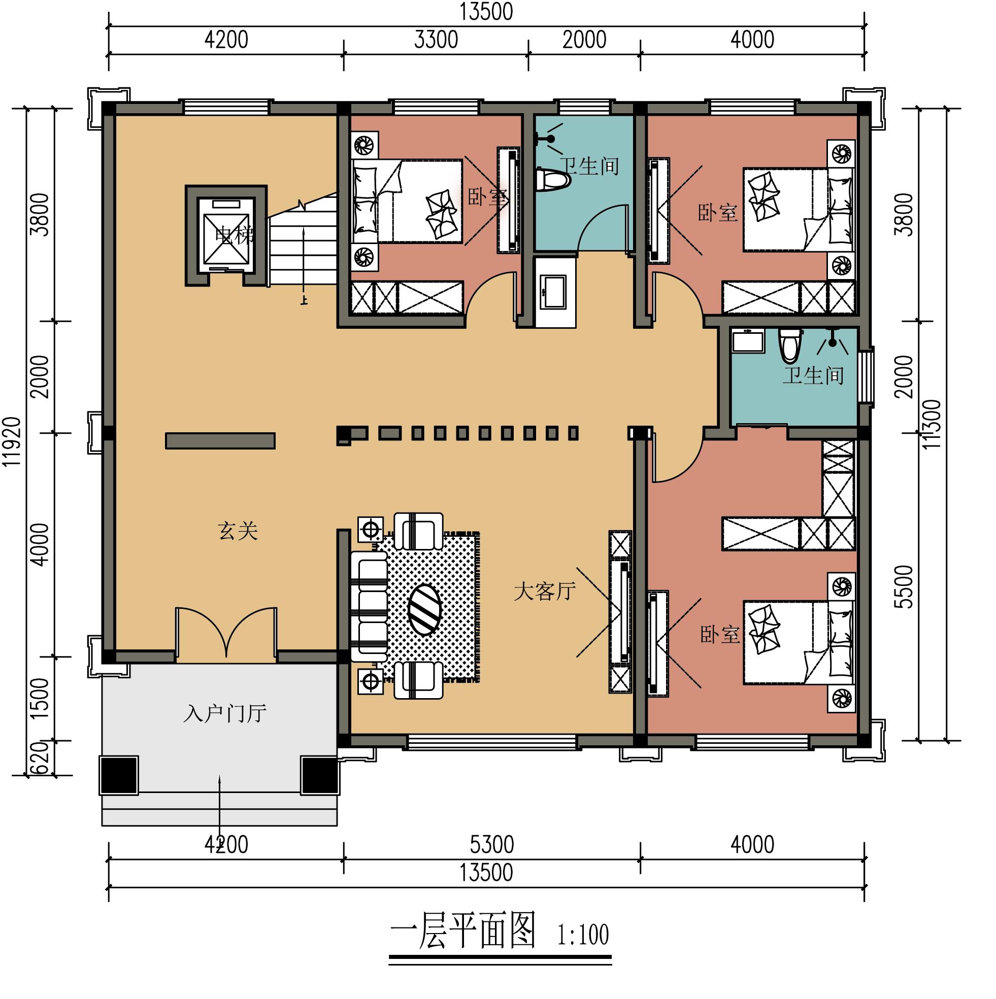 开间13.5米进深11米盖三层别墅，客厅居中不要堂屋带露台，有什么好的设计吗？