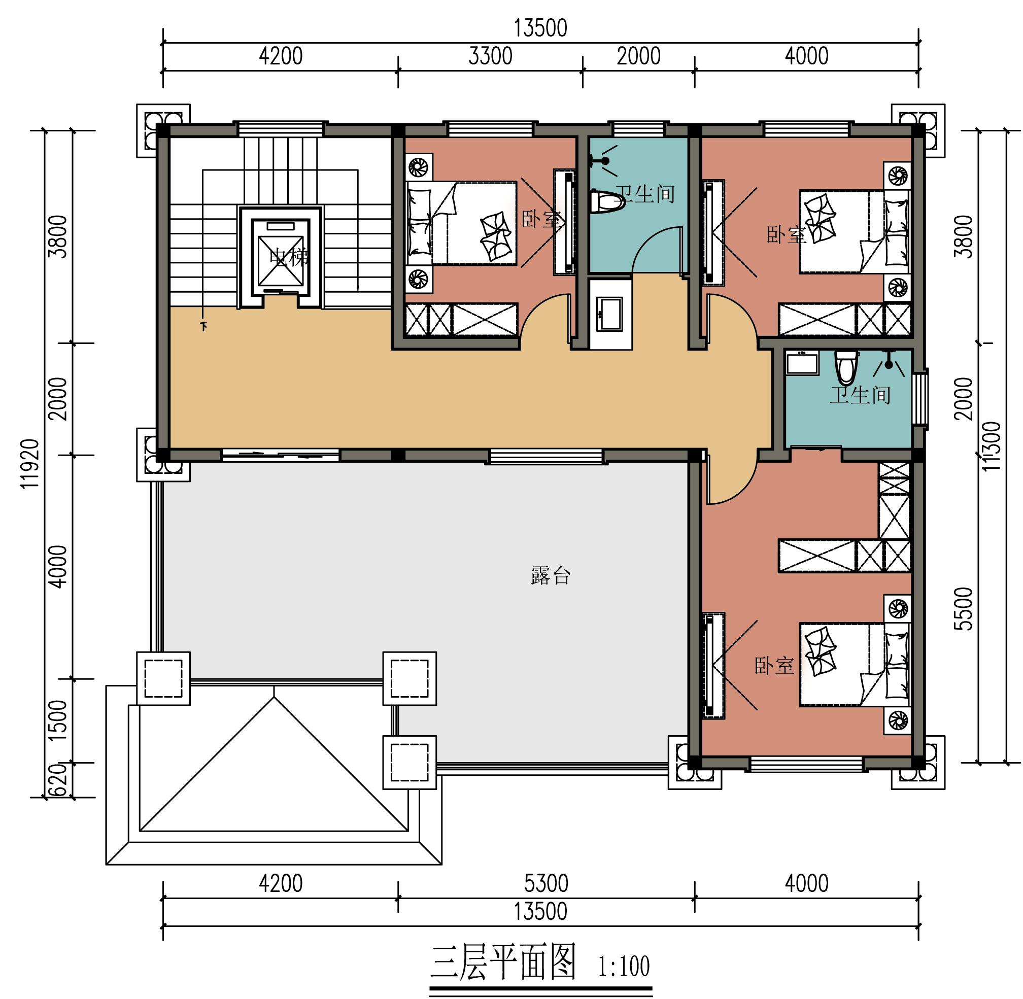 开间13.5米进深11米盖三层别墅，客厅居中不要堂屋带露台，有什么好的设计吗？